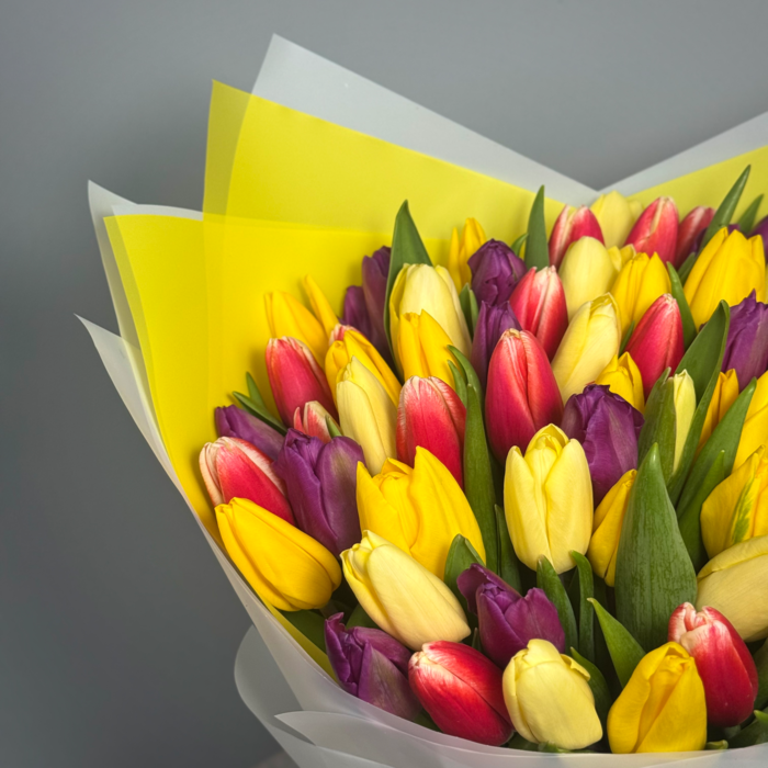 Букет из 71 тюльпанов яркий микс