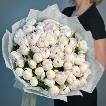Букет из 51 бело-розовых пионов